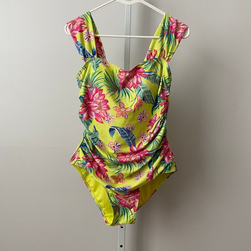 Caribbean Joe L Yellow One Piece‎ Swimsuit Floral Tropical Ruched Swimwear